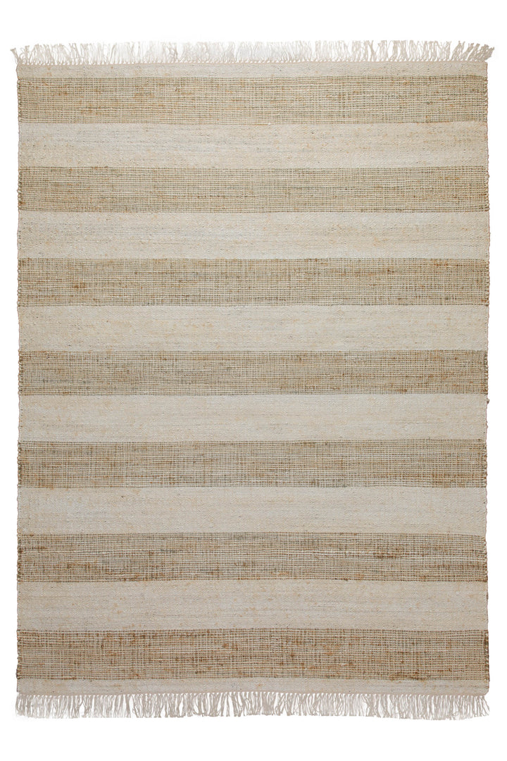 160x230 Teppich Wohnzimmer Sand und Creme – Streifenteppich aus Jute und Baumwolle