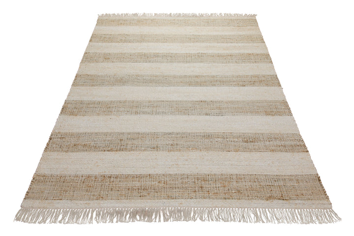 160x230 Teppich Wohnzimmer Sand und Creme – Streifenteppich aus Jute und Baumwolle