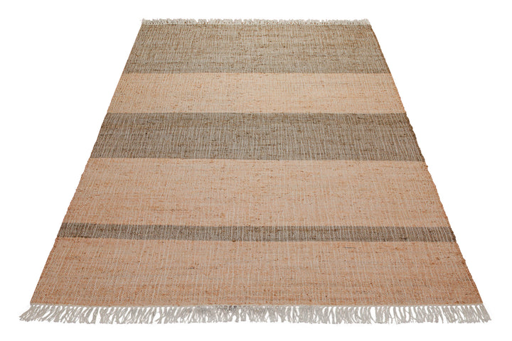 160x230 Teppich Wohnzimmer Apricot trifft Khaki – Naturfaser-Streifenteppich mit Fransen