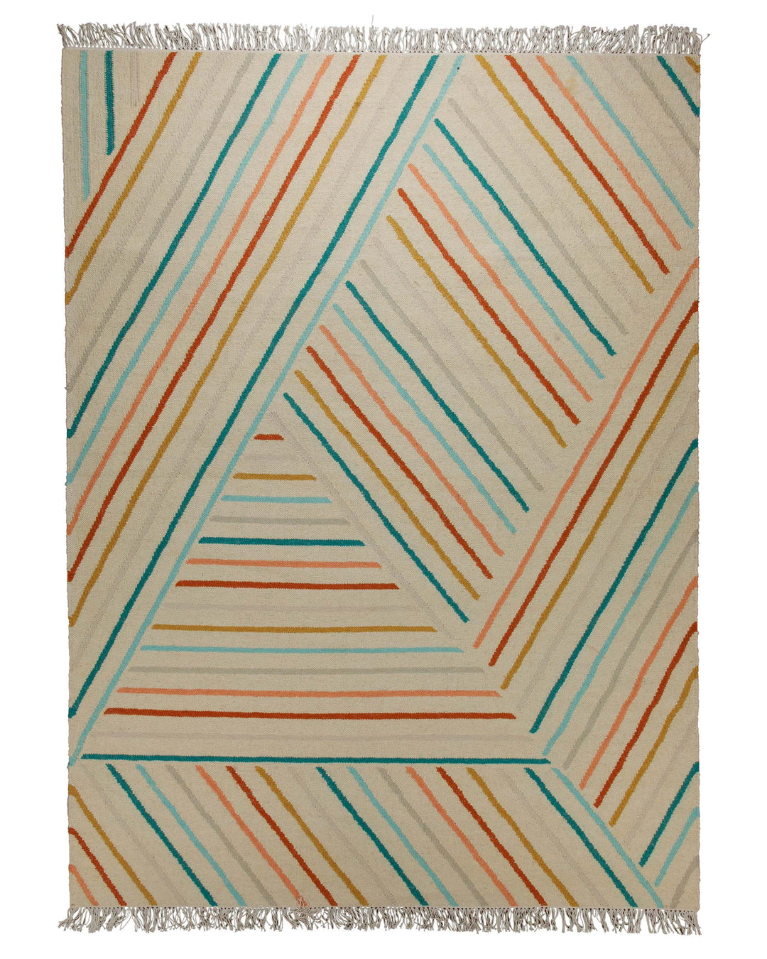 Handwebteppich Wolle Diagonallinien bunt creme 160x230 cm – Komplettansicht des Teppichs freigestellt