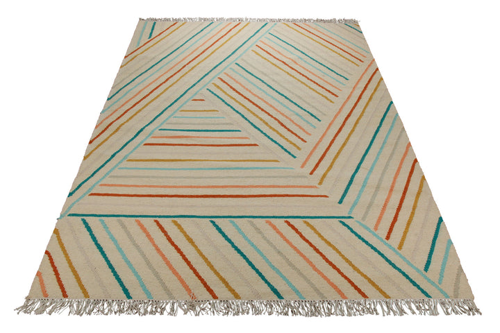 Handwebteppich Wolle Diagonallinien bunt creme 160x230 cm – im Wohnambiente arrangiert