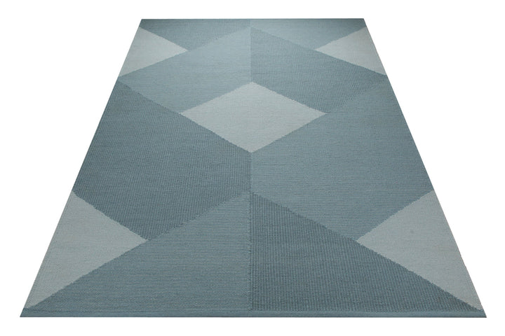 Handwebteppich Wolle Rautenmuster blaugrau 160x230 cm – im Raum platziert