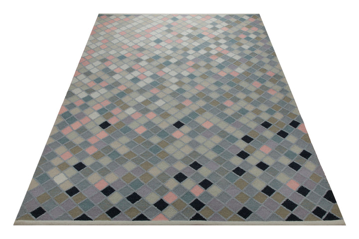 Handwebteppich Wolle Pixelrauten pastell 160x230 cm – im Wohnraum in Szene gesetzt
