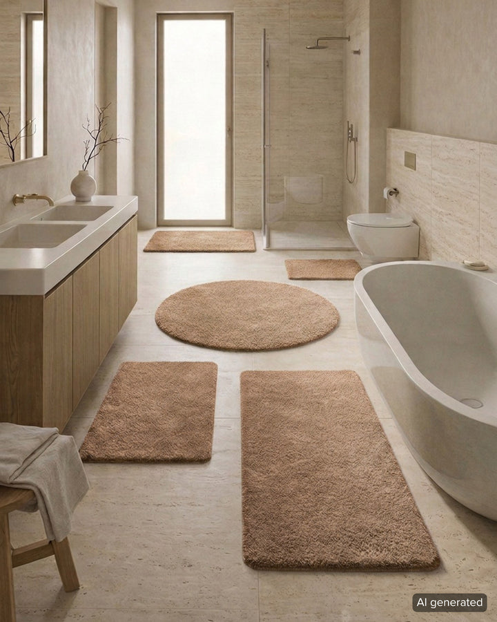Badematte Badteppich Joris Beige Braun flauschig Set Badezimmer alle Größen KI generiert