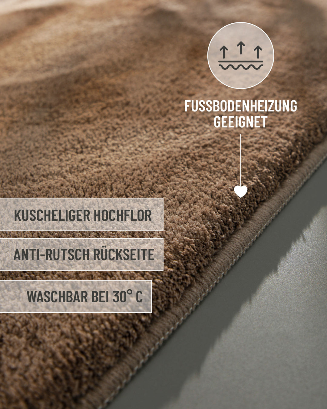 Badematte Badteppich Joris Beige Braun flauschig Framing Text Overlay