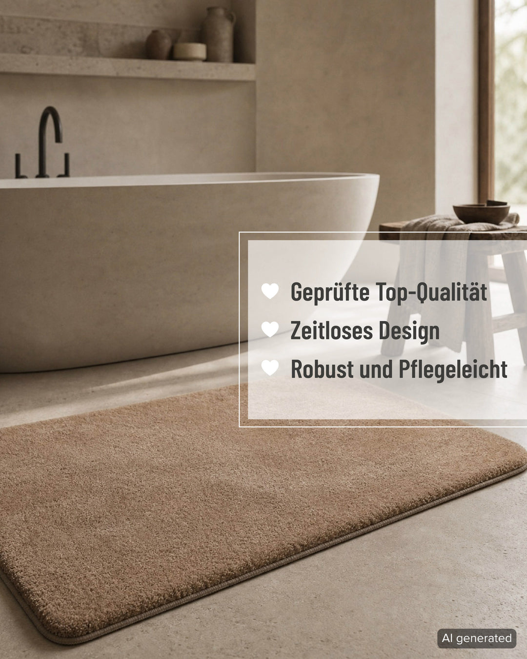Badematte Badteppich Joris Beige Braun flauschig Framing Text Overlay
