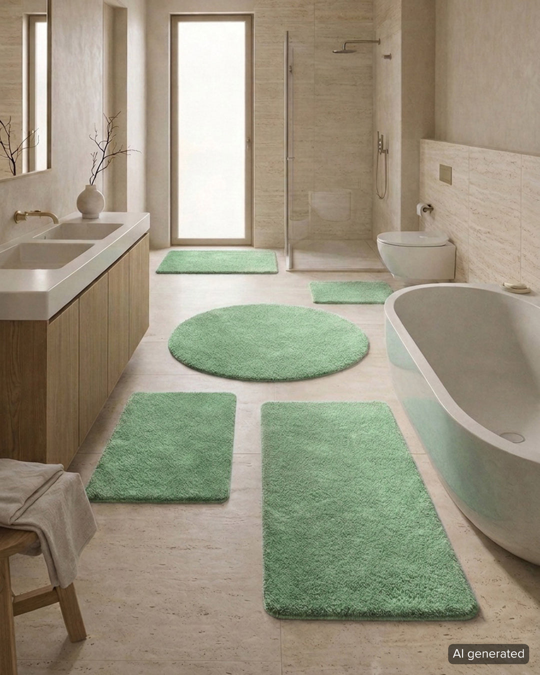 Badematte Badteppich Joris Grün flauschig Set alle Größen Interieur KI generiert Badezimmer