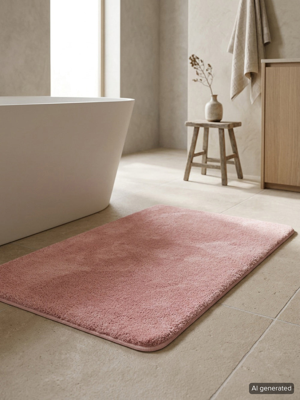 Badematte Badteppich Joris Rosa flauschig Badezimmer Interieurbild KI generiert Perspektive