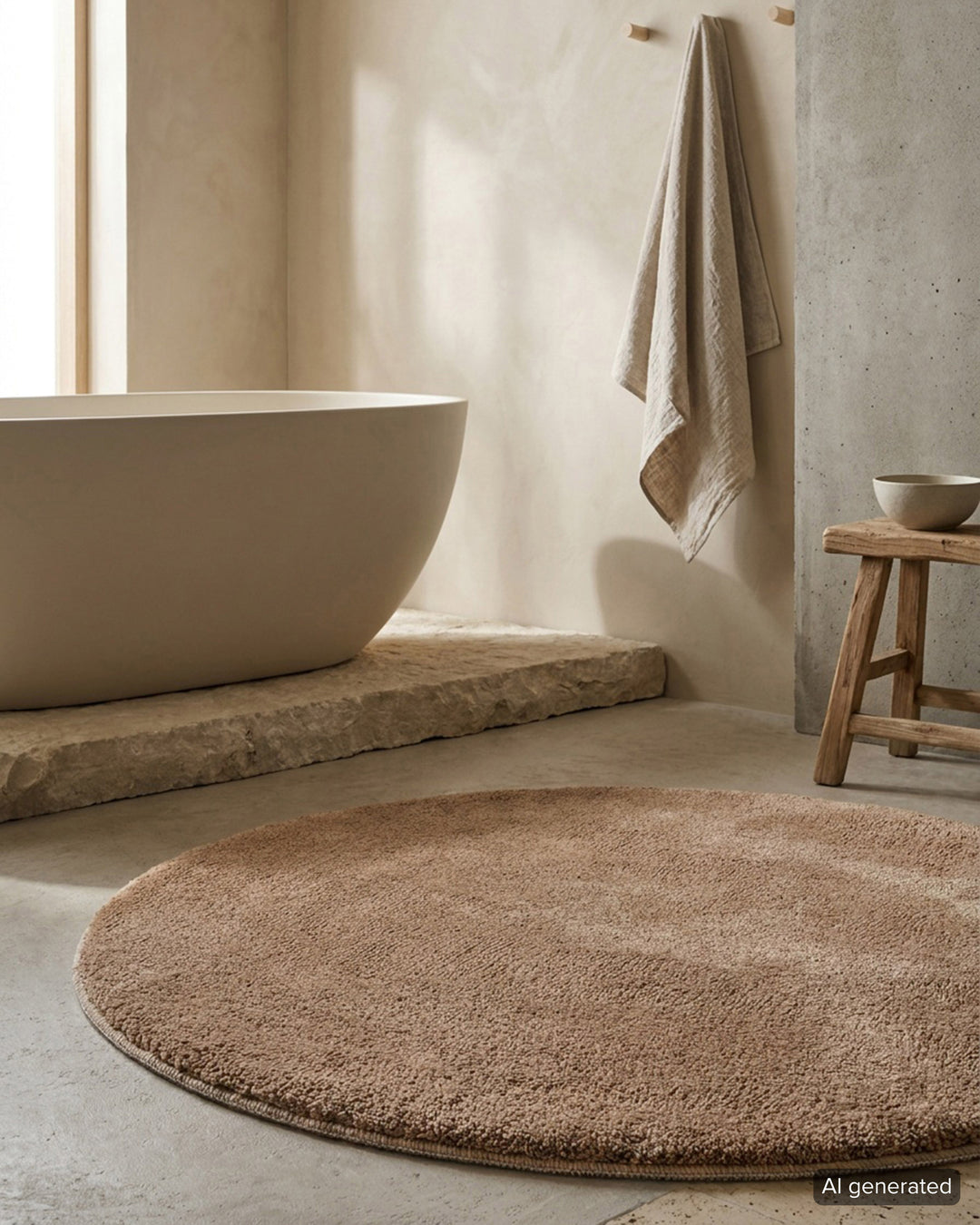 Badematte Badteppich Joris Beige Braun flauschig rund Interieur Badezimmer KI generiert