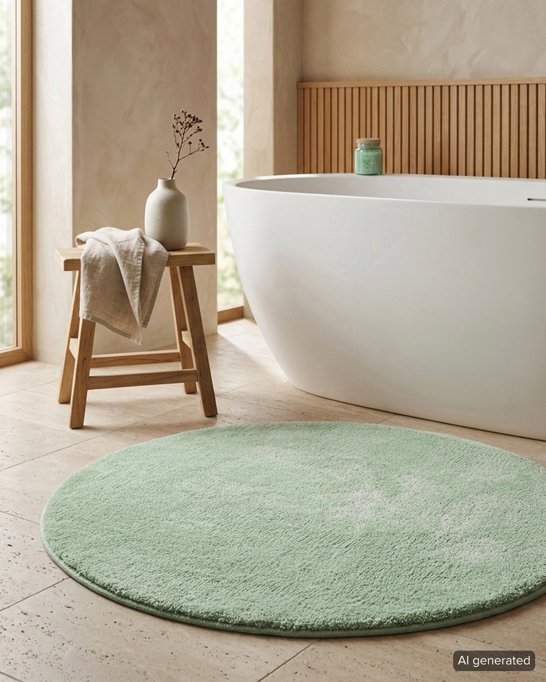 Badematte Badteppich Joris Grün flauschig rund Interieur KI generiert Badezimmer