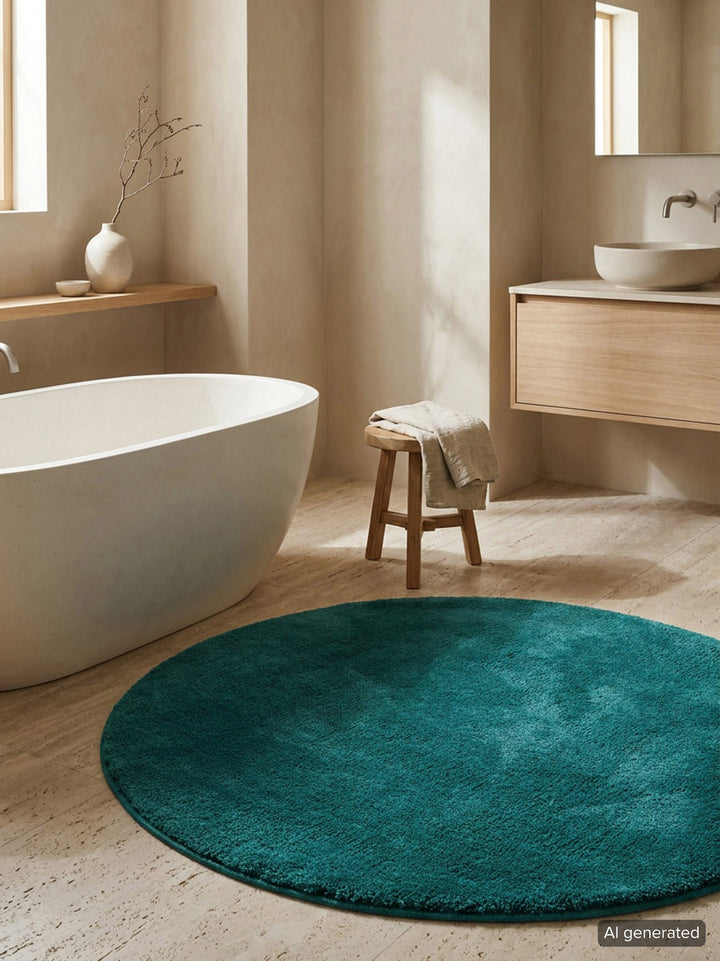 Badematte Badteppich Joris Petrol flauschig rund Interieur Badezimmer KI generiert