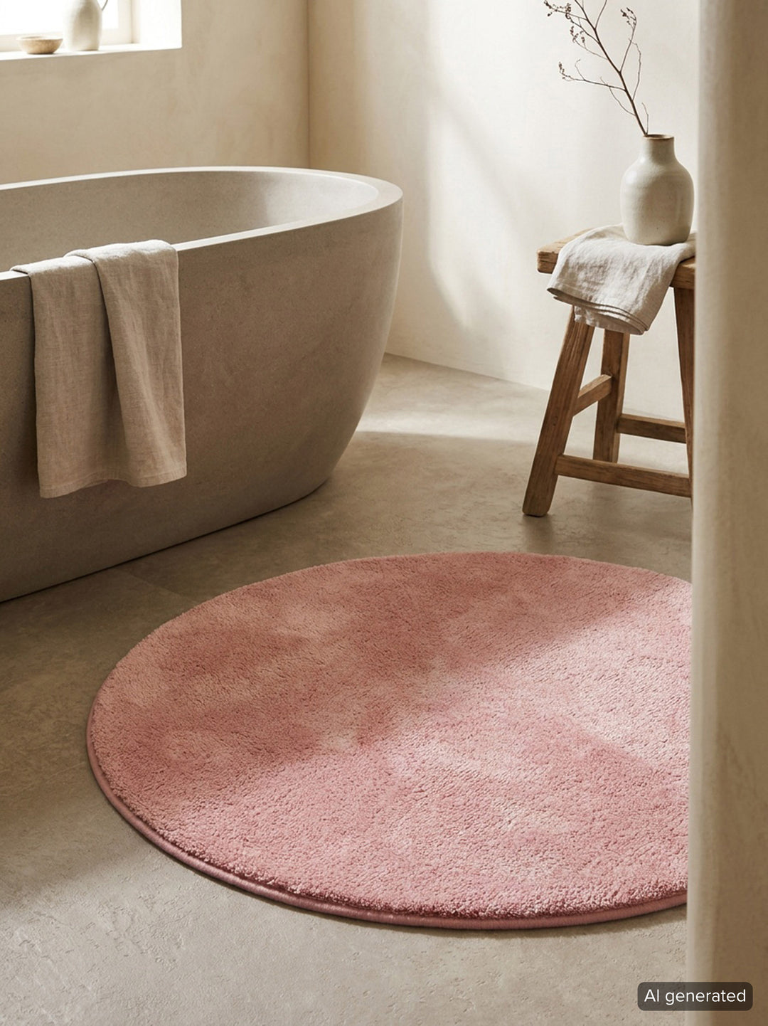 Badematte Badteppich Joris Rosa flauschig rund Interieur KI generiert Perspektive