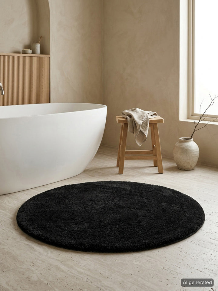 Badematte Badteppich Joris Schwarz flauschig rund Badezimmer Interieurbild KI generiert