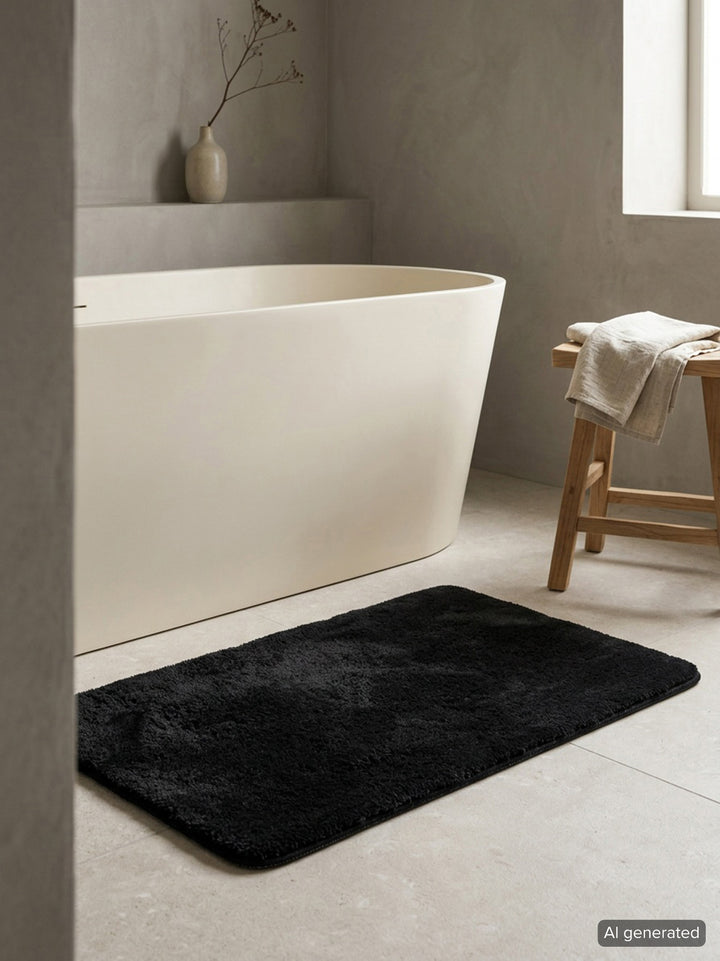 Badematte Badteppich Joris Schwarz flauschig Badezimmer Interieurbild KI generiert